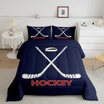 Castle Fairy Ice Hockey Comforter Set Full Size,Abstract White Hockey Stick Bedding 3pcs for Kids Boys Men Room Decor,Ball Sports Gaming Quilt Modern Navy Blue Duvet Insert,2 Pillowcases