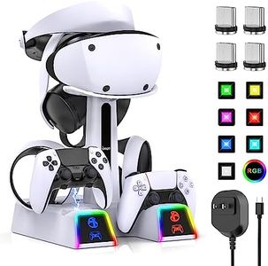 RGB Controller Charging Station for PS VR2 / PS5 / PS5 Edge with 5V/3A Adapter & 10 Led Light, Wireless Controller Charger Dock for PlayStation 5, Charging Stand with VR2 Headset Holder