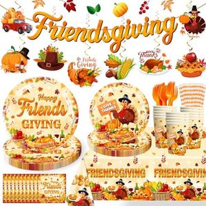 142pcs Friendsgiving Party Decorations, Friendsgiving Tableware Set, Thanksgiving Plates Party Supplies, Fall Table Decorations Give Thanks, Thanks Friends Giving Party Tableware for 40 Guests