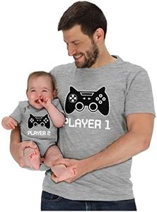 Gamer Shirts for Father & Son/Daughter Player 1 Player 2 Men Tee Baby Bodysuit Dad Gray Medium/Baby Gray Newborn (0-3M)