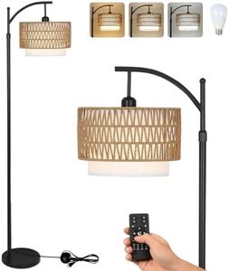 Arc Floor Lamp for Living Room with 3 Color Temperatures, Farmhouse Floor Lamps with Remote & Dimmable Bulb, Boho Standing Lamp with Rattan & Fabric Shades, Adjustable Tall Lamp for Bedroom