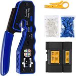 RJ45 Crimp Tool Pass Through Crimping Tool Kit for Ethernet Cat5 Cat5e Cat6 Cat7 Connectors with Cable Tester , 50/50 Cat6 Ends and Straid Relief Boots and Wire Stripper