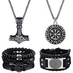 Finrezio 4Pcs Norse Viking Necklace Bracelet Jewelry for Men Stainless Steel Thor's Hammer Necklace Mens Leather Bracelets Set Compass Amulet Necklace Bracelet Father's Day Gift