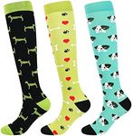 Junely 3 Pairs Compression Socks for Women Knee High for Running Work Support Nurses Pregnancy Travel, Dog, One Size