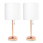 Limelights LC2001-RGD-2PK Rose Gold Stick Charging Outlet and White Fabric Shade 2 Pack Table Lamp Set