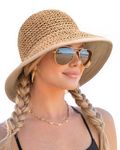 FURTALK Sun Hats for Women Handmade Summer Beach Hat Wide Brim Straw Hat Foldable Packable UPF 50 Crochet Travel Bucket Hat Kahaki