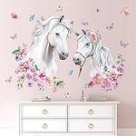 decalmile White Horse Flower Wall Decals Farm Animal Floral Butterfly Wall Stickers Baby Nursery Bedroom Living Room Wall Decor