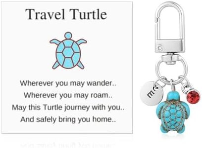 Travel Turtle Keychain, Cute Turtle Keyring with Red Gemstone & Encouragement Card Creative Name Initials Sea Turtle Pendants Good Luck Key Chain Gift for Family Friends (E)