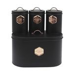 Plexon Bread Box for Kitchen Countertop with 3 Coffee, Tea, Sugar Canisters, Metal 4-Piece Bread Box Set with Lids and Cooper Labels, Black