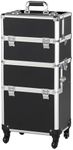 Yaheetech Makeup Train Case 3 in 1 Cosmetic Organizer Large Hairdressing Vanity Case Travelling Trolley Box on Wheels,Black