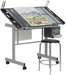 SD Studio Designs Studio Designs 2 Piece Vision Modern Metal Hobby, Craft, Drawing, Drafting Table, Mobile Desk with 40.75" W x 25.75" D Angle Adjustable Top in Silver/Blue Glass