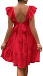 OYOANGLE Women's Maternity Tie Backless Ruffle Trim Short Sleeve Square Neck A Line Dress Solid Plain Flared Dresses Red Solid Medium