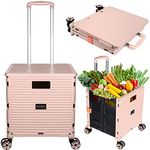 Foldable Utility Cart Collapsible Portable Crate Rolling Carts with Wheels Rolling Tote Basket Teacher Cart with Lid Wear-Resistant 360°Rotate Wheel Noiseless for Shopping Storage Office Use (Pink)