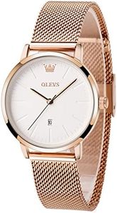 OLEVS Rose Gold Wristwatches for Women Large Face Stainless Steel Analog Watch Women with Date Fashion Slim White Womens Watches Mesh Band Waterproof Ladies Watches for Small Wrists Reloj para Mujer