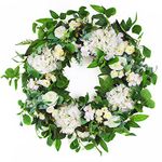 24 Inch Spring Artificial Flower Wreath for Front Door, Floral Door Wreath, Spring Summer Wreath, White Hydrangea Wreath with Eucalyptus Leaves for Wedding, Wall, Home Decorations
