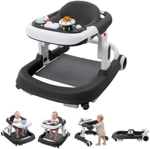 Baby Walker with Wheels, 5-in-1 Foldable Infant Toddler Walker for Boys Girls 6-18 Month,One-Step Fold Structure, 3 Adjustable Heights, Detachable Seat,Push Walker with Speed Control Wheels, Black