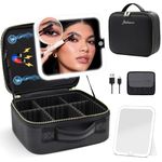 Makeup Bag with Magnetic Detachable Lighted Mirror 360° Swivel Angle, Travel Makeup Bag with Lights Portable Makeup Case Organizer with Mirror, Partition Cosmetic Bag Tools Accessories Train Case Gift, Black, Makeup Bag With Detachable Magnetic Lighted Mirror