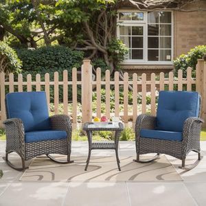 HUMMUH 3-Piece Outdoor Rocking Chairs,All-Weather PE Wicker Patio Rocker Chairs Bistro Set with Side Table,Porch Balcony Furniture with Cushions