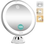 Auxmir Upgraded 10X Magnifying Lighted Makeup Mirror with 3 Color Lights, Touch Control, Dimmable Lighted Vanity Mirror with Power Suction Cup, 360° Swivel, Portable Bathroom Mirror for Home Travel