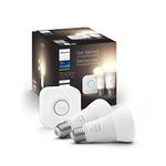 Philips Hue White 10W Equivalent 60W A19 Base E26 LED Smart Bulb, Dimmable, Bluetooth & Zigbee Compatible, Voice Activated with Alexa & Google Assistant, 2-Set with Hue Bridge