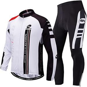 sponeed Men Biking Jersey Wear Full Sleeve Zip Cycle Pants Padded Road Ride Bike Shirt Leggings for Bicycle XL White