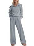 Aleumdr Two Piece Outfit Sweatsuit Wide Leg Sweatpant Lounge Matching Sets Fleece Womens Lounge Set Half Zip Sweatshirt Oversized Pullover Tracksuit 2024 Fall Travel Clothing Blue