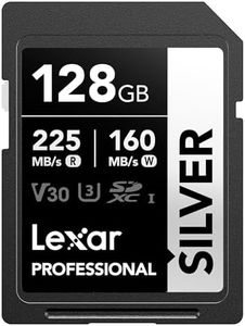 Lexar 128GB Professional Silver SD Card, UHS-I, C10, U3, V30, 4K, Up to 225/160 MB/s SDXC Memory Card, for Professional Photographer, Videographer, Enthusiast (LSDSILV128G-BNNNU)