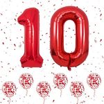 Number 10 Balloons Red, 40Inch Large Foil Number 1 & 0 Balloons with 6 Red Confetti Helium Balloons, 1st 10th Birthday Balloon for Girls Boys Party Romantic Occasions Anniversary Decorations