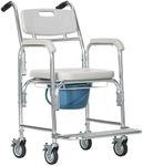 HOMCOM 3-in-1 Shower Chair with Wheels, Transport Beside Commode Chair, Waterproof Rolling Shower Commode Wheelchair with Padded Seat for Disabled, Elderly People, Grey