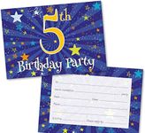 Age 5 Party Invitations Kids. Pack of 36. Blue Starburst themed invitation with matching envelopes. 120 x 172mm. Party Invites, Birthday Party Invitations. Designed and Printed in UK.