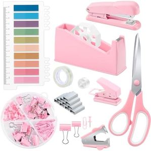 10 in 1 Pink Office Supplies,Pink Desk Accessories for Wome,Office Supplies Set with Stapler and Tape Dispenser,Scissors,Staple Remover,Staples,Clips & Labels,Gift for Student or Colleague