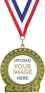 K2AWARDS 2024 Custom Medal - Custom Engraved Medal with Photograph or Logo Sticker with Red White and Blue Ribbon Attached