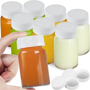 Syntic 8 Pack 2.5 Oz Wide Mouth Juice Shot Bottles with 8 Sealed Press Screw Caps & 4 Airtight Lids! Small Glass Ginger Shot Bottles for Oil, Ginger, Travel Bottle, Reusable and Dishwasher Safe