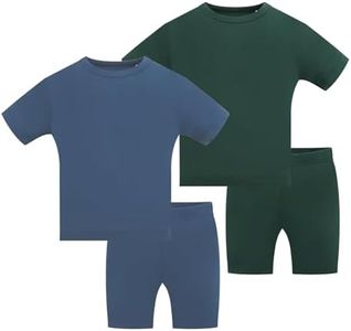JunNeng Bamboo Viscose Toddler Pajamas,Baby Boy Girl Solid Snug Fit Short Sleeve Summer Sleepwear PJS,Dark Green+Dark Blue 9-12 Months