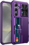 Vihibii for Samsung Galaxy S24 Back Cover with Card Holder (4 Cards) & Slide Camera Cover & Kickstand, Shockproof Rugged Hard Back & TPU Soft Edge Case for Galaxy S24, Dark Purple