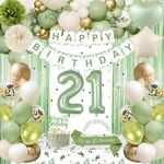 21st Birthday Decorations, Sage Green 21st Birthday Decorations for Her Happy Birthday Banner Green Gold Balloons Crown Sash Fringe Curtain Tablecloth Cake Topper for Girls 21st Birthday Party Decor