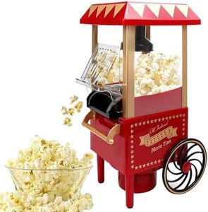 Frafuo Hot Air Popcorn Machine-Retro Cart Home Popcorn Maker for DIY Corn Cob Homemade Healthy Snacks-Air Popcorn Popper for Parties of All Kinds, Kids Birthday Party Favorites, Red