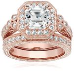 Rose-Gold-Plated Sterling Silver Antique Ring set with Asscher-Cut Swarovski Zirconia, Size 7