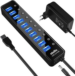atolla Hub USB 3.0 con Alimentazione, 10 Porte USB Hub per il Trasferimento dei Dati con Nterruttore On/Off e Alimentatore 30W (12V/2.5A)
