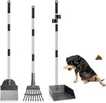 3 Pack Metal Pet Poop Scoop,Tray and Rake,Adjustable Long Handle with Bin for Pet Waste Removal,No Bending Poop Scooper Perfect for Large Medium Small Dogs