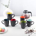 Anwaliya Matte Black Finish Ceramic Coffee Mug Set of 6 (280ml) Handcrafted Design Tea Cups Stackable, Chip Resistant, Large Serving Green Tea Cups, Multicolor Inside (Inner Color May Vary)