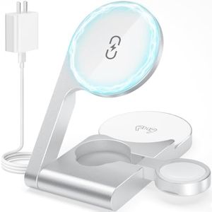 Ultrathin Metal 3 in 1 Wireless Charging Stand Station, Foldable Magsafe Compatible for iPhone 16/15/14/13/12 Series, Portable Wirless Charger (Silvery)