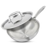 Borosil 1.75 L Cookfresh Tri-ply Stainless Steel Wok with Lid | 20 Cm Kadhai for Deep Fry | Gas, Induction Friendly | Stay-cool Handle | Wok for Cooking Chinese fried Rice & Noodles | Dishawasher Safe