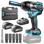 YEARTOP 1/2 inch cordless impact wrench with high torque brushless, reverse max 1000 N.m, 4-speed wheel nut removal kit with 2 x 4000 mAh batteries, 5 impact caps, extension rod and case