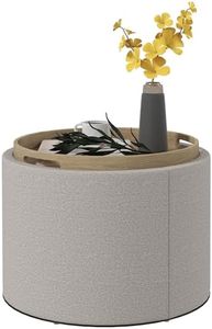 HOMCOM Round Storage Ottoman with Flip Top Tray, Upholstered Fabric Foot Stool, Small Coffee Table with Hidden Compartment, Accent Vanity Stool for Living Room, Light Gray