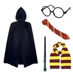 5pcs Kids Wizard Costume Accessories Set, Wizard Fancy Dress with Hooded Black Cape Wand Scarf Tie Glasses Frame, World Book Day Halloween Cosplay Fancy Outfits for Boys Girls Kids (Red, 125cm)