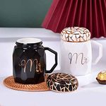 KELVEE Mr&Mrs Coffee Mugs Set Of 2,Wedding Gifts For Couple/Bride&Groom,Ceramic Marble Cups For Bridal Engagement Wedding,Married Couples Anniversary (Mr&Mrs Mug Black&White With Lid),300 milliliter