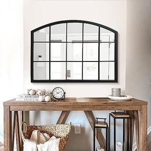 WAMIRRO Wide Window Pane Black Mirror,Farmhouse Arched Wall Mirror,Mantel Mirror for Fireplace/Entryway/Hallway/Living Room,33“X24”