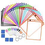 Dry Erase Pockets Sheet Protectors 30 Pack Reusable Oversized 10" x 13" Clear Durable Plastic Sleeves with 12 Pens, 4 Erasers and 2 Rings for Classroom Organization, Teacher and School Supplies