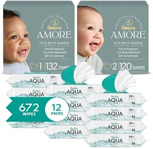 Pampers Amore Baby Diapers and Aqua Pure Wipes Starter Kit, Sizes 1 (132 Count) & 2 (120 Count) with 100% Water Based 12X Multi Pack Pop-Top Refill (1008 Count)